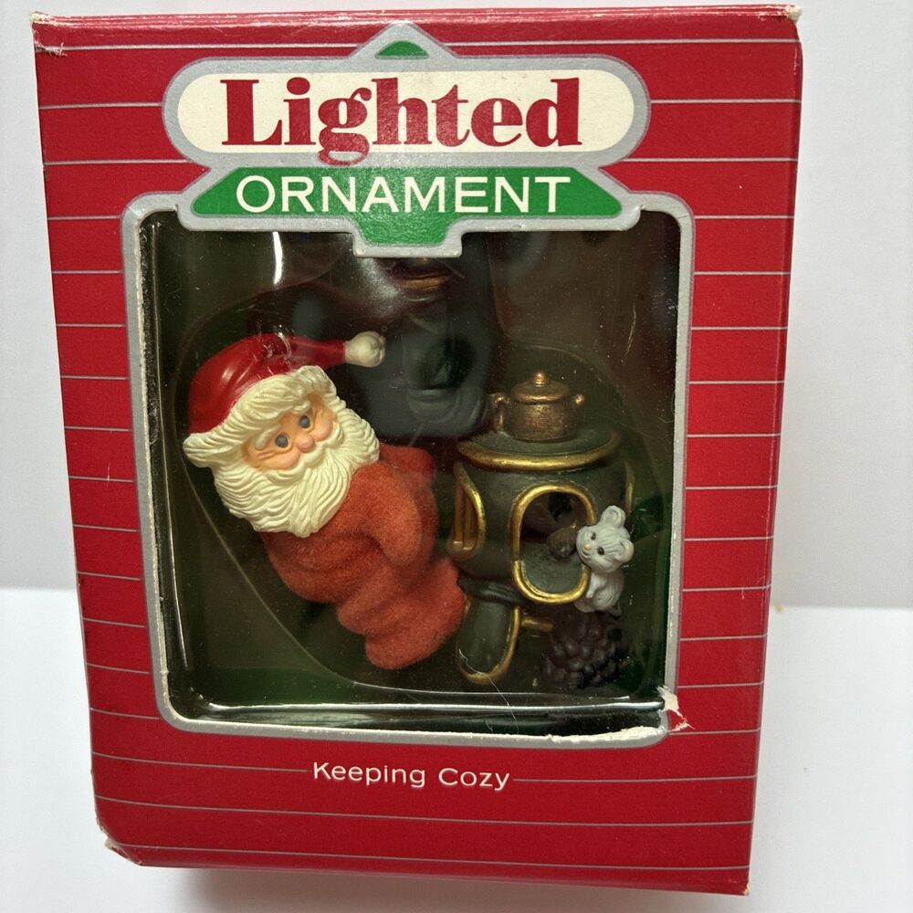 Hallmark Keeping Cozy Lighted Ornament 1987 Santa Warming by Wood Stove Working
